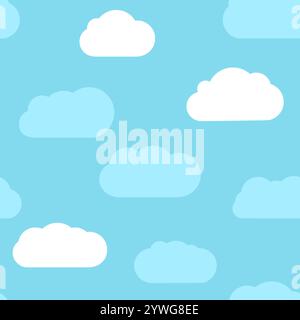 Seamless background with blue sky and white cartoon clouds. Vector illustration. Stock Vector