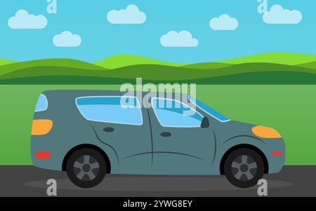 Car in the background of nature landscape in the daytime.  Vector illustration. Stock Vector