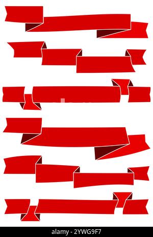 Set of six red cartoon ribbons for web design. Great design element isolated on white background. Vector illustration. Stock Vector