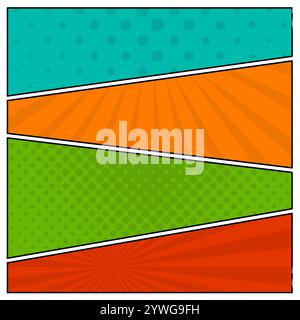 Colorful comic book page background in pop art style. Empty template with rays and dots pattern. Vector illustration Stock Vector