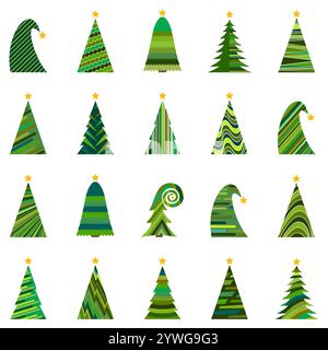 Set of twenty different Christmas trees. Isolated vector illustration for Merry Christmas and Happy New Year. Stock Vector