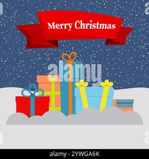 Gift boxes on snow and falling snow and a red ribbon with the inscription Happy Christmas. Vector illustration. Stock Vector