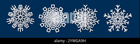 Paper cut snowflake. Set of four white snowflakes on blue background. Christmas and New Year decoration elements. Vector illustration Stock Vector