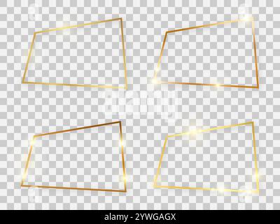 Set of four gold shiny rectangular frames with glowing effects and shadows on transparent background. Vector illustration Stock Vector