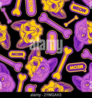 Cat and Skull pattern seamless. Tattoo pet background Stock Vector