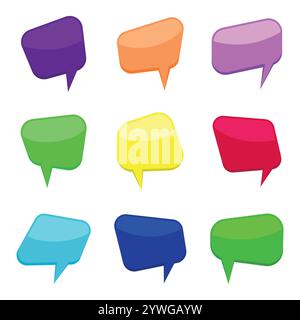 Set of nine colorful cartoon comic balloons speech bubbles without phrases and with shadow. Vector illustration. Stock Vector
