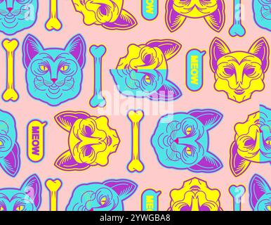 Cat and Skull pattern seamless. Tattoo pet background Stock Vector