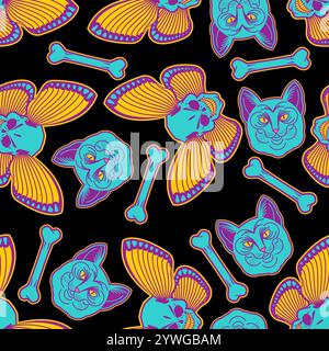 Cat and Skull pattern seamless. Tattoo pet background Stock Vector
