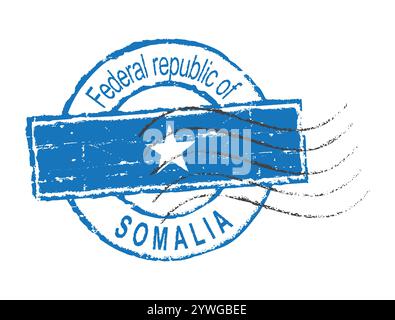 Blue postal passport grunge stamp 'Somalia'. The national flag is in the middle. Stock Vector