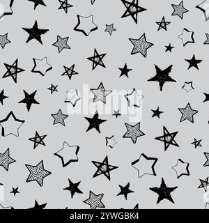 Seamless background of doodle stars. Black hand drawn stars on grey background. Vector illustration Stock Vector