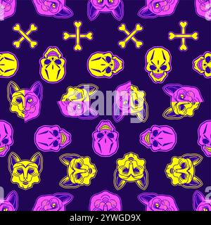 Cat and Skull pattern seamless. Tattoo pet background Stock Vector