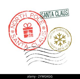 Postal rubber stamps Santa Claus North Pole Merry Christmas. Retro seals for letter envelopes, greeting cards, passport, parcels. Stock Vector