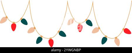 Christmas lights big sectioned garland with colored ellipse bulbs. Xmas festive string decoration with hanging retro lightbulb. Glowing lamps for Stock Vector