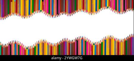 Many colored crayons arranged in a wavy rows with middle copy space for text, isolated on white background, education banner Stock Photo