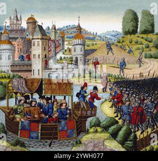 The Peasants' Revolt, also called Wat Tyler's Rebellion or the Great Rising - Richard II meets the rebels of the Peasants Stock Photo