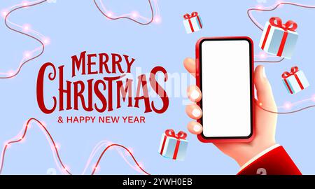 Merry Christmas, New Year card with phone in hand. Vector Stock Vector