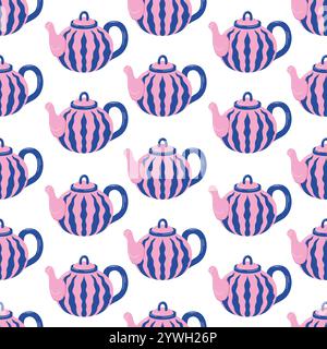 Seamless pattern of pink and blue teapots with wavy stripe design on a white background in fat style. Perfect for fabric, gift wrap, wallpaper or Stock Vector