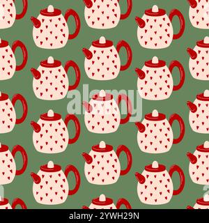 Seamless pattern with red teapots decorated with heart on a green background in flat style. Ideal for textile, wallpaper and wrapping paper with a Stock Vector