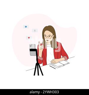 A female blogger in front of a smartphone camera, recording a video, taking a photo. A live broadcast, video blog displayed on mobile phone screen. Bl Stock Vector