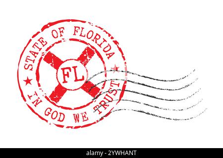 A postal rubber stamp with two inscriptions STATE OF FLORIDA and IN GOD WE TRUST, with the flag of Florida in the middle of the stamp and FL zip code. Stock Vector
