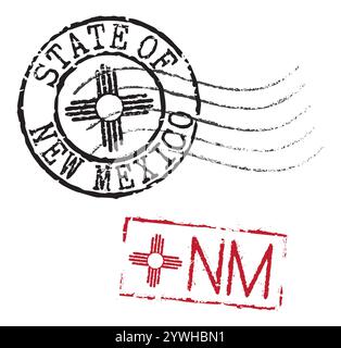 Postal rubber stamps STATE OF NEW MEXICO and NM zip code abbreviation, along with the state symbol. Retro seals for letter envelopes, greeting cards... Stock Vector