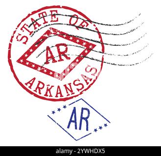 Postal rubber stamps STATE OF ARKANSAS and AR zip code abbreviation, along with the state symbol. Retro seals for letter envelopes, greeting cards... Stock Vector