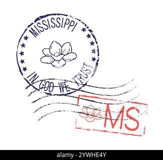 Postal rubber stamps MISSISSIPPI and MS zip code abbreviation, along with the state symbol. Retro seals for letter envelopes, greeting cards, passport.. Stock Vector