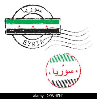 Postal rubber stamps SYRIA, along with the state symbol. English and arabic inscription. Retro seals for letter envelopes, greeting cards, passports.. Stock Vector