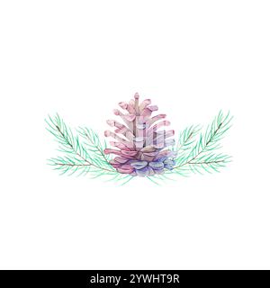 Composition of spruce branches and cones in watercolor Stock Photo