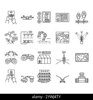 Smart agriculture black line icons set. Vector isolated element. Editable stroke. Stock Vector
