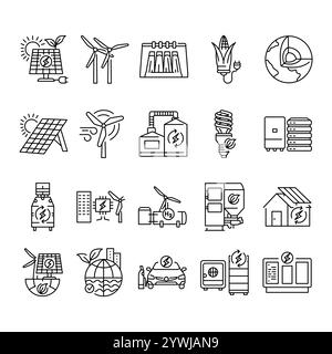 Renewable Energy black line icons set. Vector isolated element. Editable stroke. Stock Vector