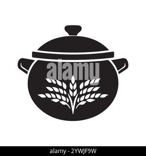 Rice pot Icon. with paddy sticker, Vector silhouette simple design Stock Vector