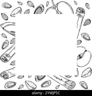 Almond nuts, apple slices and cinnamon sticks vector square frame painted by black inks. Seeds, fruits, seasoning ingredients monochrome illustration Stock Vector