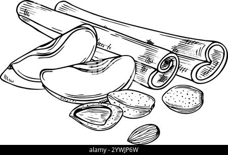 Almond, apple slice and cinnamon sticks heap vector isolated illustration clip art in black and white colors. Aromatic seasoning with fresh fruit Stock Vector