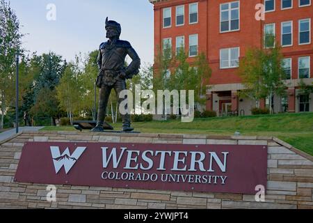 Western Colorado University welcome sign with Mountaineer statue in Gunnison Colorado Stock Photo