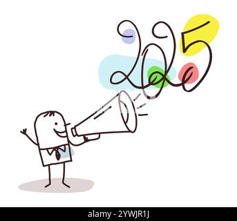 Hand drawn Cartoon Characters and New Year 2025 Celebration - communication Stock Vector