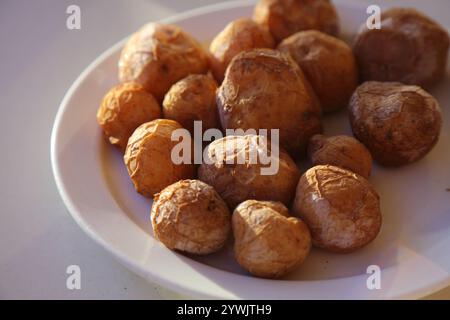 Papas arrugadas wrinkled potatoes - food of Fuerteventura. Spanish cuisine from the Canary Islands. Stock Photo