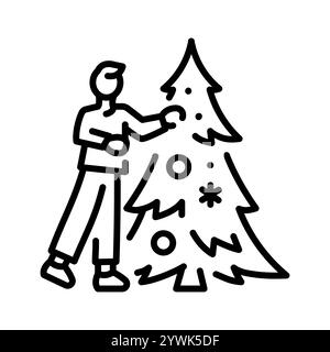 Person decorates a Christmas tree color line icon. Vector illustration.Editable stroke. Stock Vector