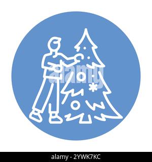 Person decorates a Christmas tree color line icon. Vector illustration.Editable stroke. Stock Vector