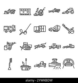Snow removal machine black line icons set. Editable stroke. Stock Vector