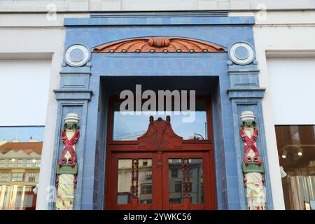 Art deco ceramic details in Parizska street of Josefov district in Prague city, Czech Republic. Stock Photo