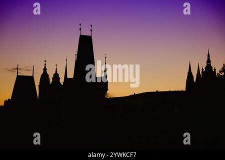 Prague black silhouette. Mala Strana district of Prague in sunset light. Stock Photo