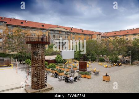 PRAGUE, CZECH REPUBLIC - MAY 3, 2024: People visit Karlin Barracks (Kasarna Karlin) converted to public space in Prague, Czech Republic. Stock Photo