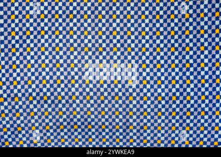 Abstract Textile Texture with Blue and Yellow Squares – Geometric Pattern Background Stock Photo