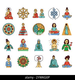 Buddhism line icons set. Vector isolated element. Editable stroke. Stock Vector