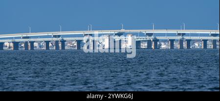 Mathis/Tunney Bridges are a pair of bridges that span Barnegat Bay in Ocean County, New Jersey, connecting Route 37 in Toms River with Pelican Island. Stock Photo