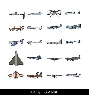 Military drones line color icons set. Signs for web page, mobile app, button, logo. Vector isolated button. Editable stroke. Stock Vector