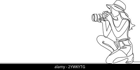 continuous line drawing of young woman taking pictures with DSLR, line art vector illustration Stock Vector