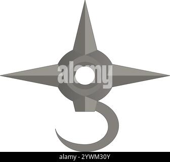 Japanese style symbol resembling the sun with a moon crescent. It is composed of a circular core with four sharp points. The lower point is cut short Stock Vector