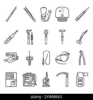 Medical tools line black icons set. Signs for web page, mobile app, button, logo. Vector isolated button. Editable stroke. Stock Vector